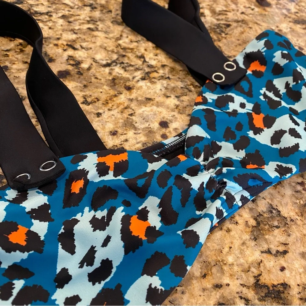 Top Shop Animal Print Cheetah Ruched Bikini Top Size 4 Small Black Blue Orange
